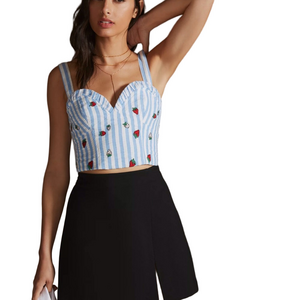 Maeve Blue & White Striped Strawberry Embroidered Crop Top Sz 8